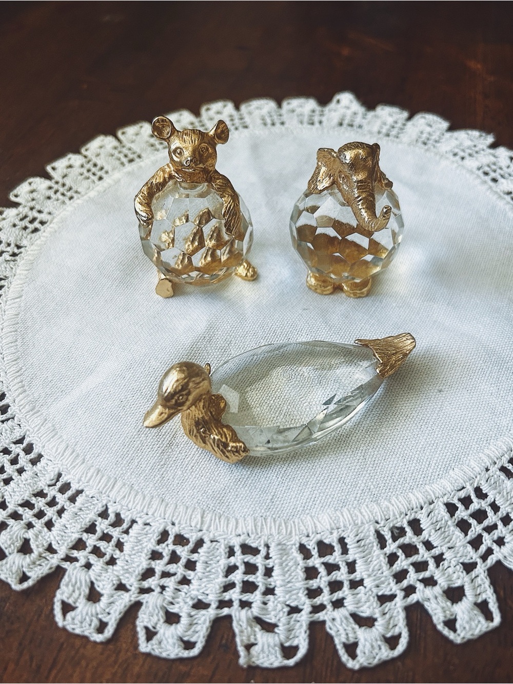 Crystal and Gold Animal Figurine Trio - Glass Duck, Elephant, Bear